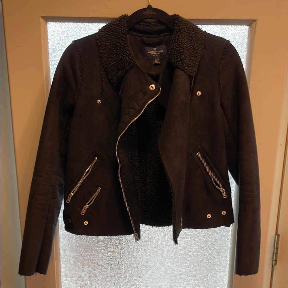 AE Black Shearling Moto Jacket